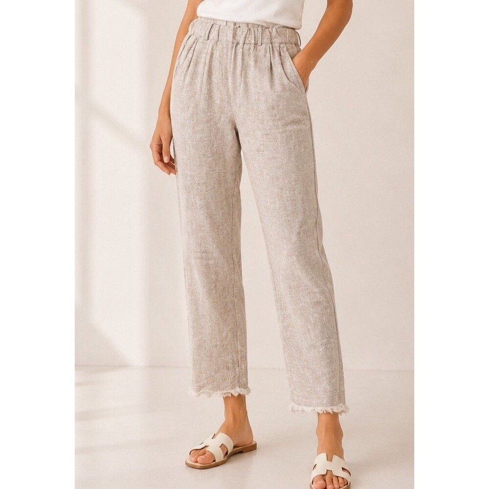 Nina Loca Made In Italy  Herringbone 100/Linen Elastic-Waist Pant Women Sz S EUC